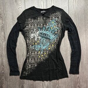 Self Esteem y2k Graphic Crown Fleur De Lis Layered Long Sleeve Top Black Medium